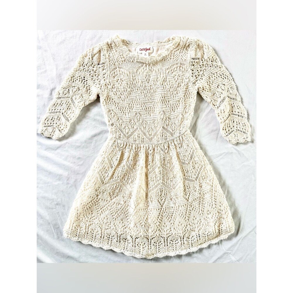 Cat & Jack Girls Size 5T Ivory & Gold Crochet Knit Dress – Long Sleeve
